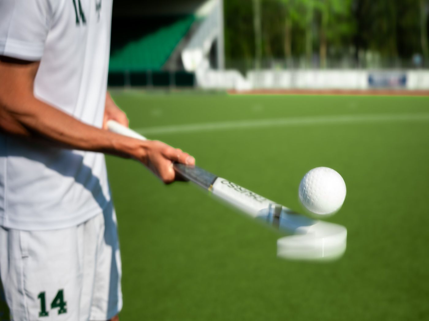 Joueur de hockey frappant la balle, photographie de sport Néogif